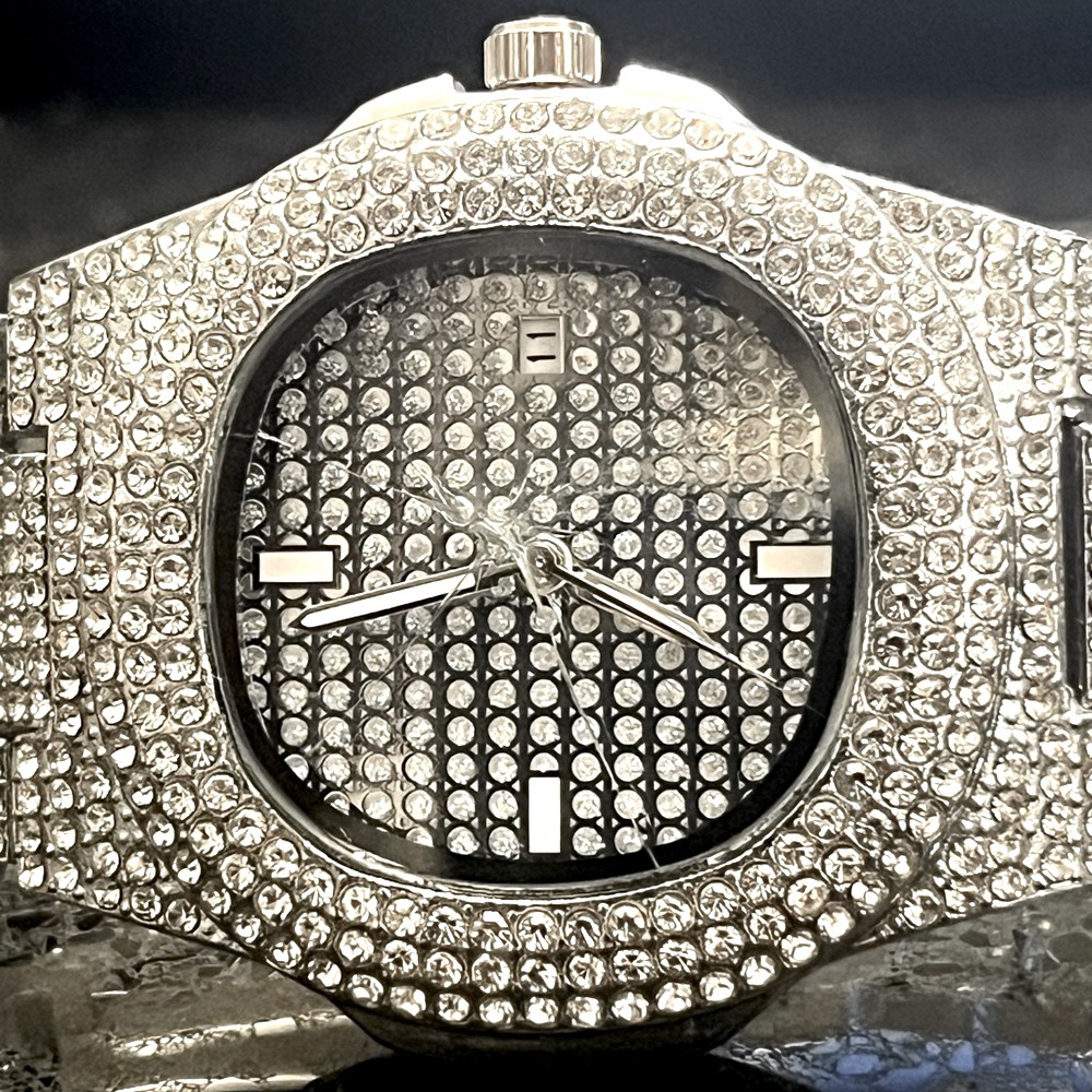 Pave Set men’s ladies crystal rhinestone CZ BLING Iced out watch Silver black
